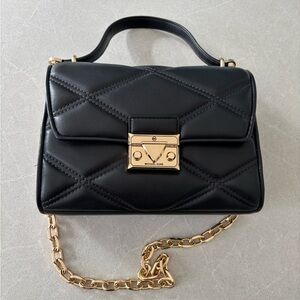 Michael Kors Serena Medium Flap Black Quilted Faux Leather Shoulder Bag Gold